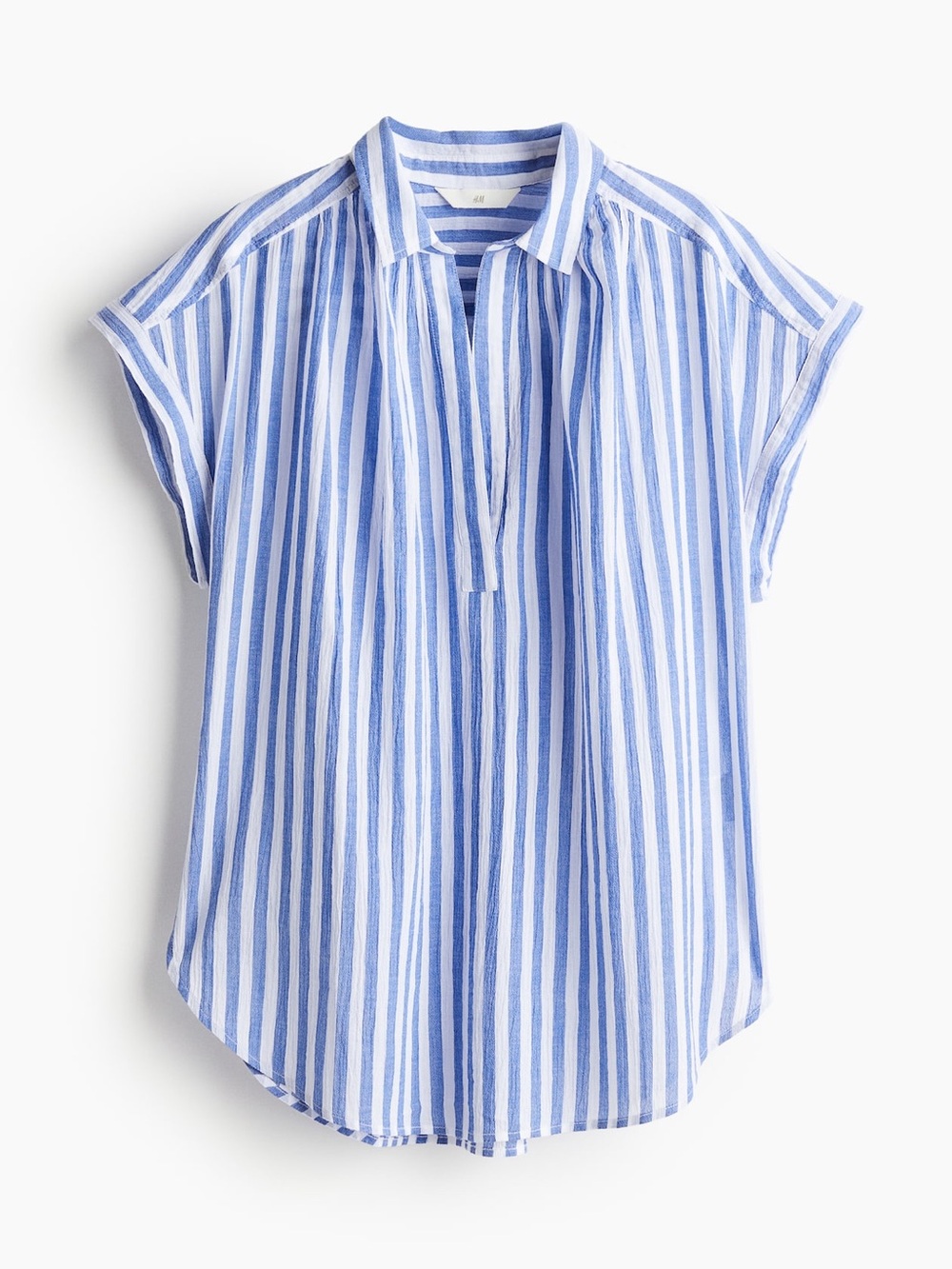 H&M Blue and White Striped Short Sleeve Collared Blouse